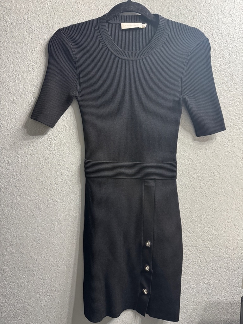 Jonathan Simkhai Black Ribbed Short-Sleeve Mini Dress with Button Accents